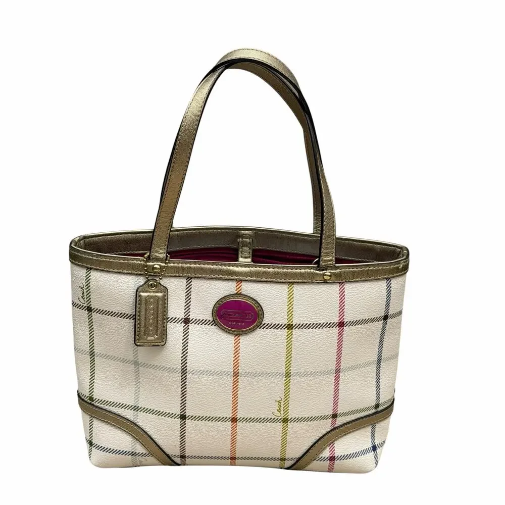 Coach Peyton Small Tattersall Plaid Tote Coated Canvas Leather Trim F48586